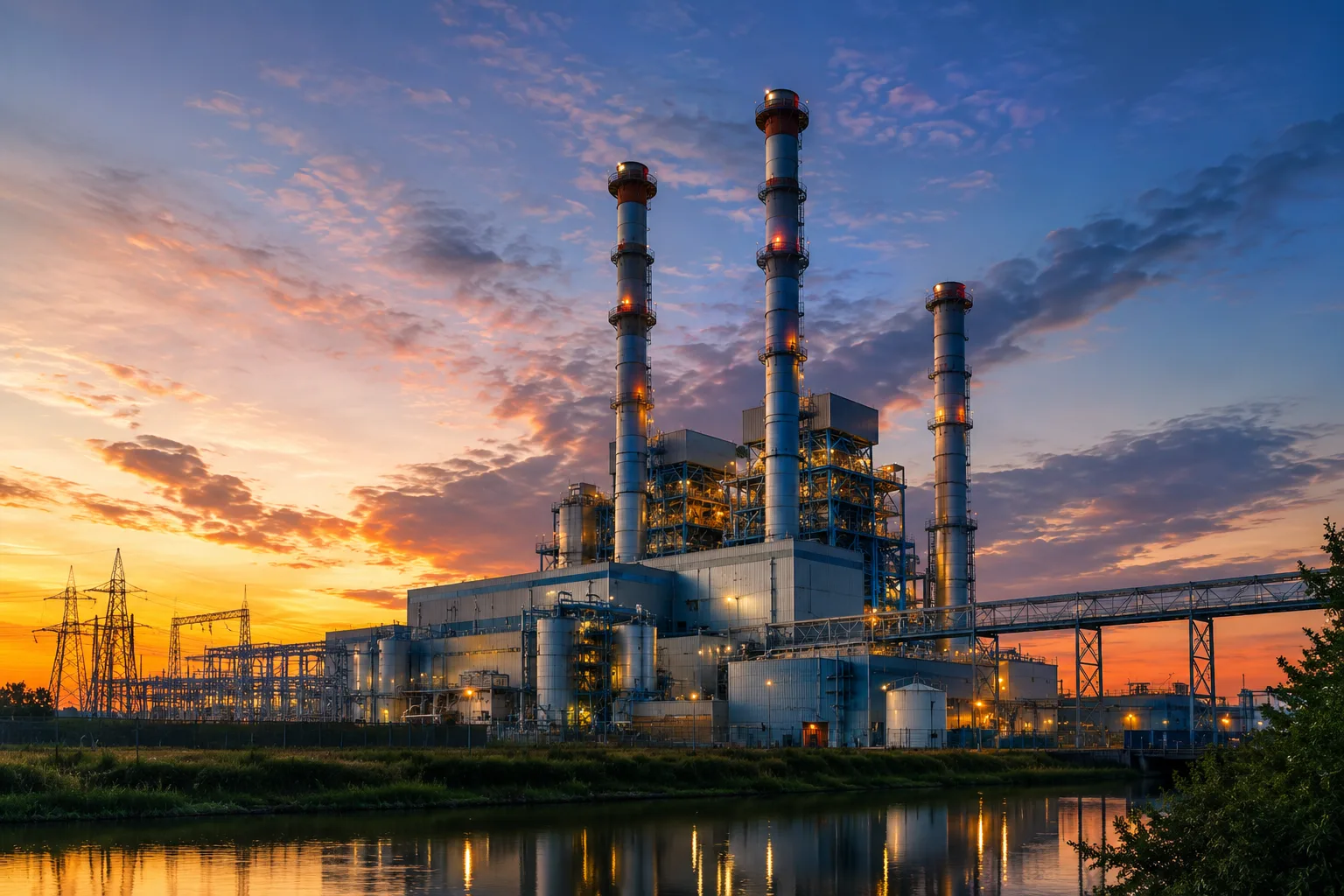 Industrial power complex at sunset